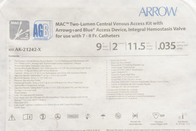 Teleflex AK-21242-X Arrow  MAC Two-Lumen Central Venous Access Kit 7-8Fr Cath